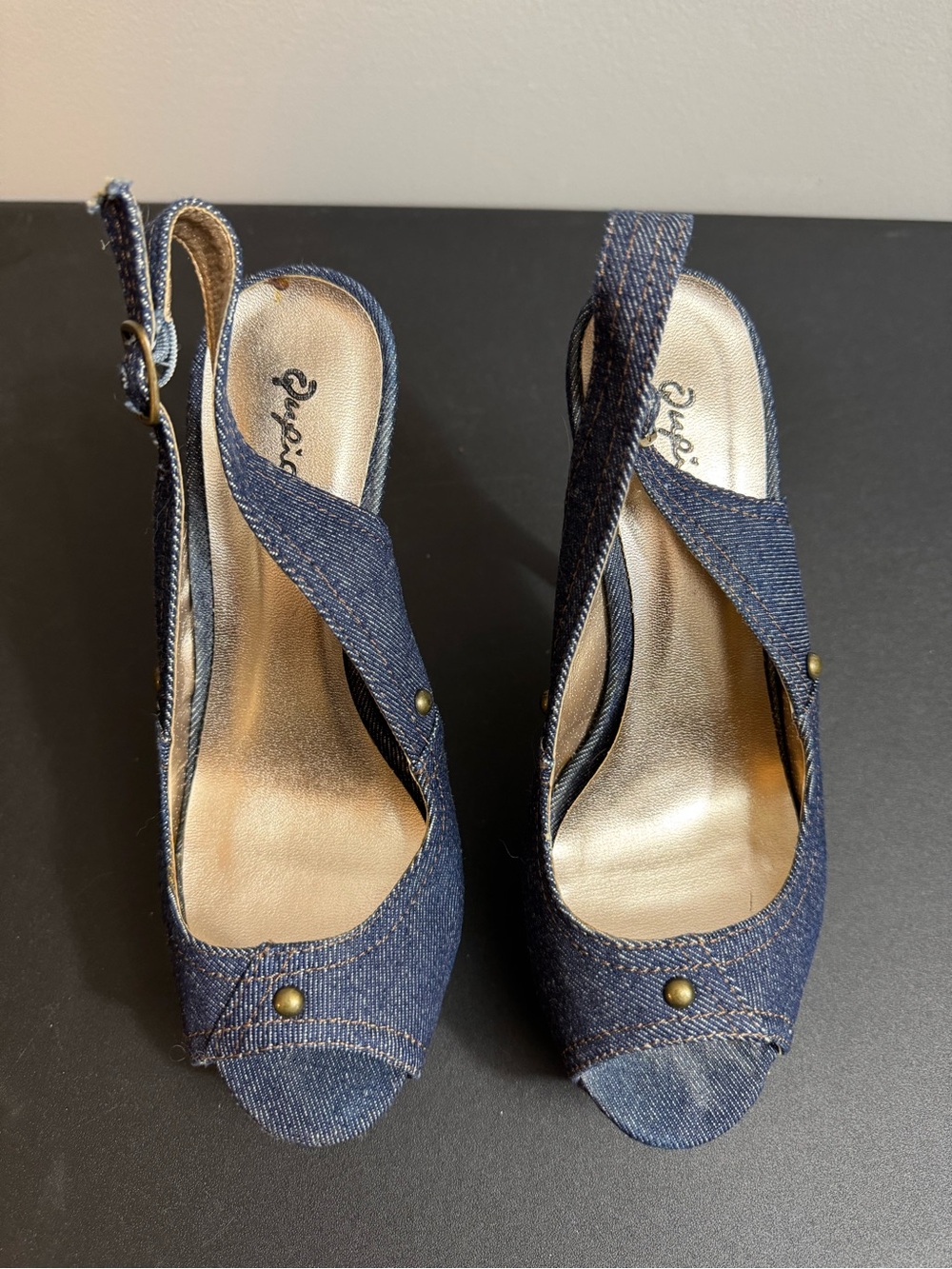 Qupid Denim Peep-Toe Slingback Wedges - Blue
